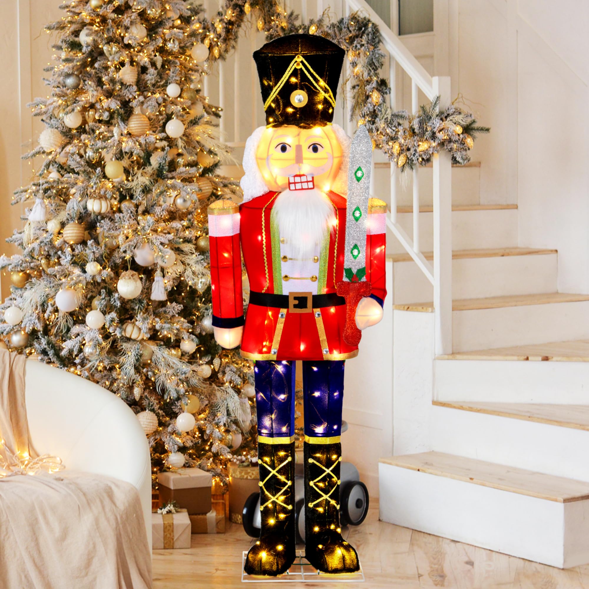 Tangkula Casse-Noisette lumineux de Noël de 1,5 m avec épée à paillettes